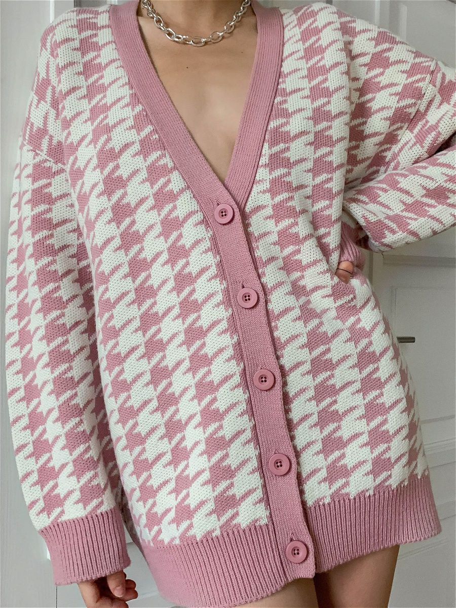 Women V Neck Kntting Plaid Long Sleeves Cardigan Overcoat-STYLEGOING