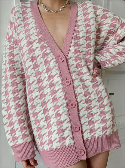 Women V Neck Kntting Plaid Long Sleeves Cardigan Overcoat-STYLEGOING