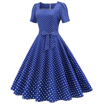 Short Sleeve Square Neckline Print Dot Dresses-STYLEGOING