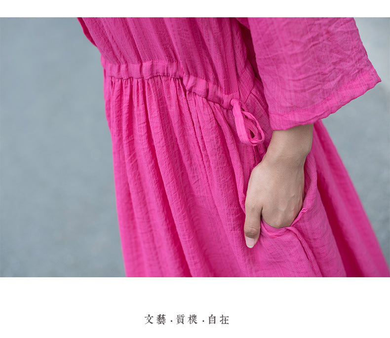 Casual Linen Half Sleeves Drawstring Long Cozy Dresses