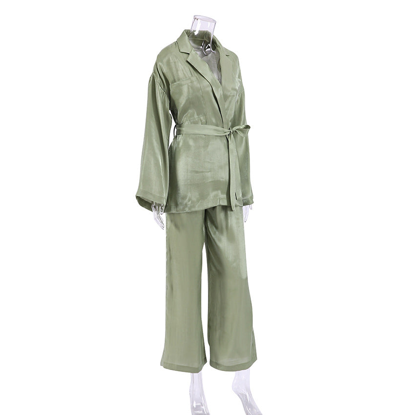 Casual Satin Women Long Sleeves Shirts and Wide Leg Pants