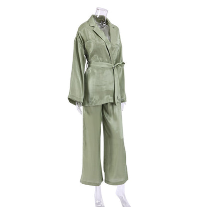 Casual Satin Women Long Sleeves Shirts and Wide Leg Pants