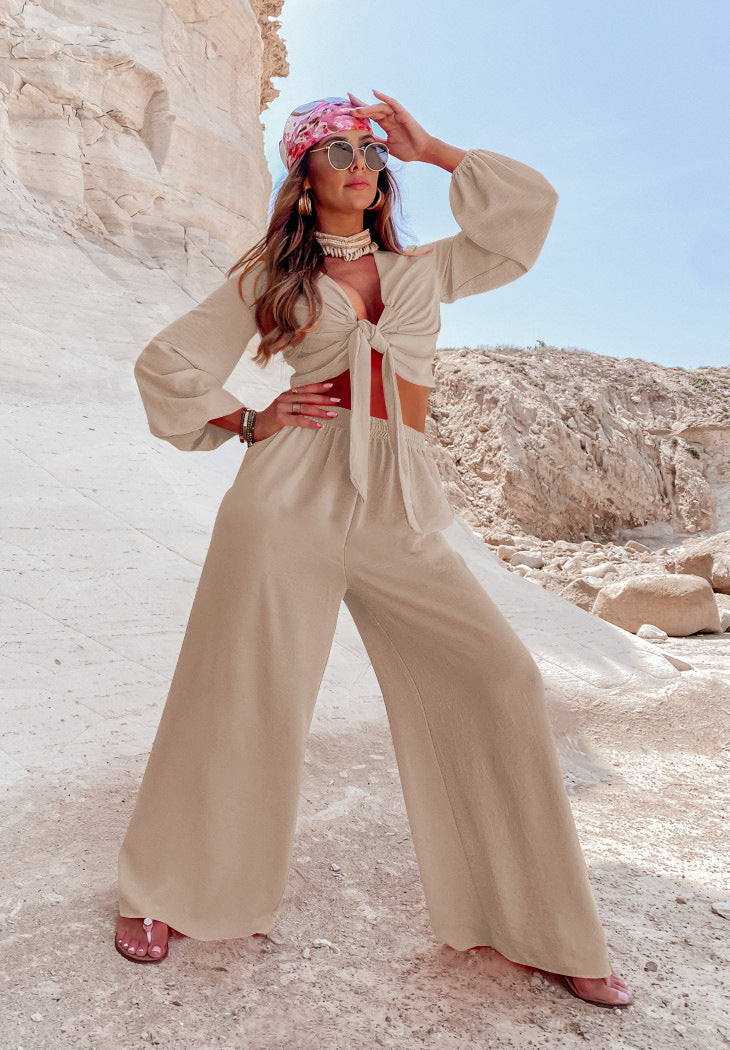 Sexy Long Sleeves Tops & Wide Legs Pants Women Suits