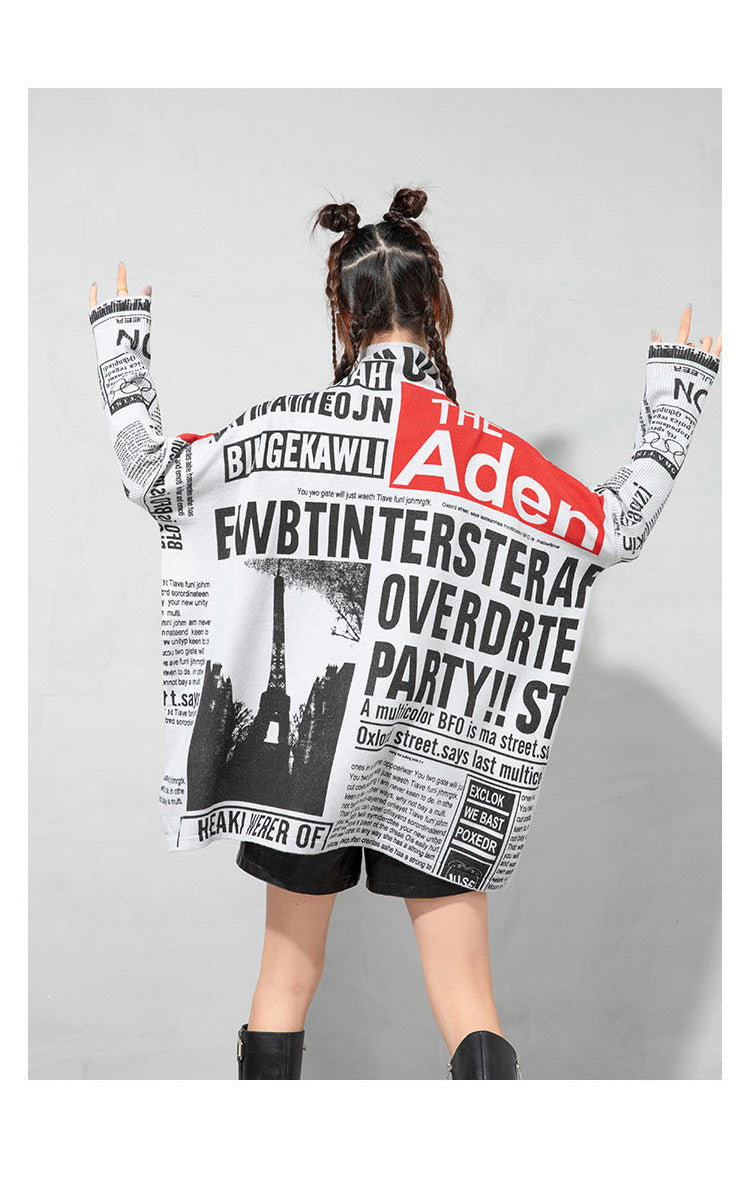 Plus Sizes Turtleneck Newspaper Print Women Sweaters