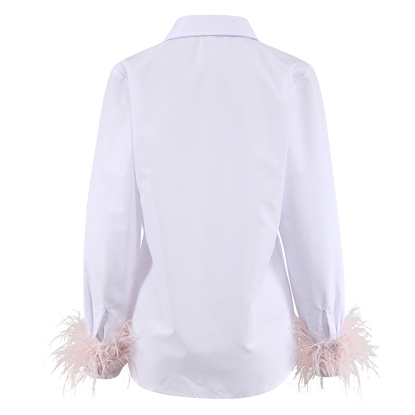 Fashion Women Long Sleeves Feather Design White Shirts