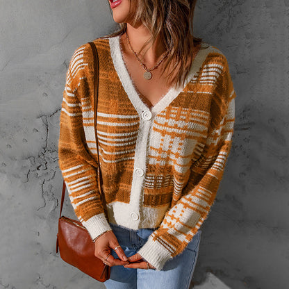 Orange Women Knitting Cardigan Sweaters