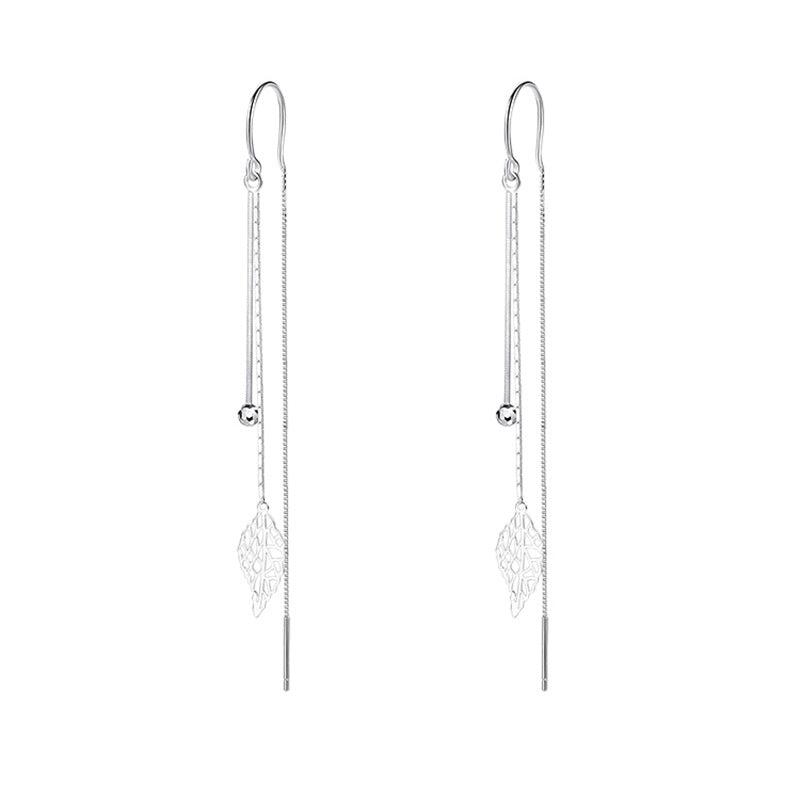 Leaf Design Sterling Sliver Long Tassel Earrings for Women