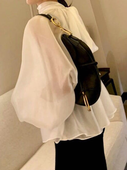 Black and White High Neck Women Long Sleeves Shirts