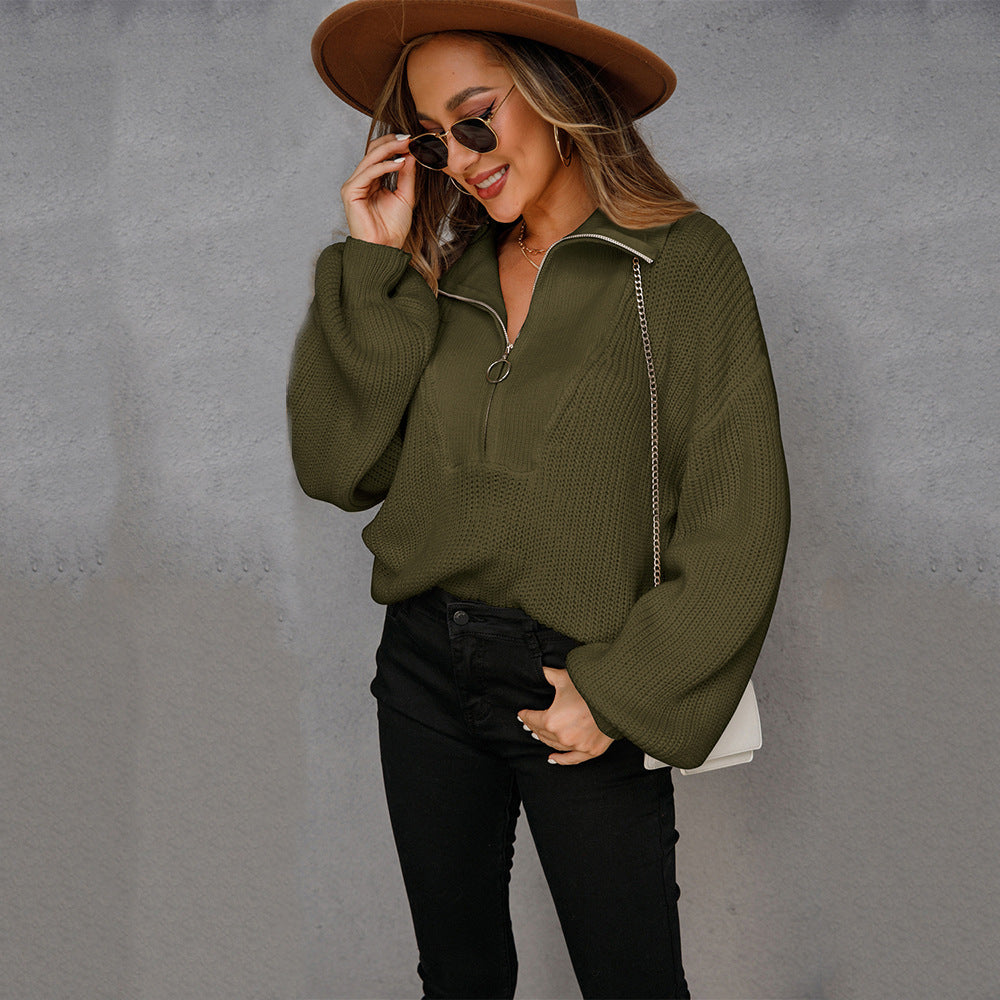 Casual Zipper Design Knitted Pullover Sweaters