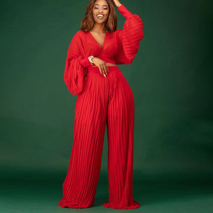 Sexy Women Two Pieces Long Sleeves Short Tops and Wide Legs Pants