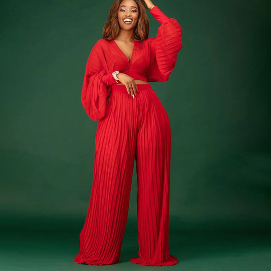 Sexy Women Two Pieces Long Sleeves Short Tops and Wide Legs Pants