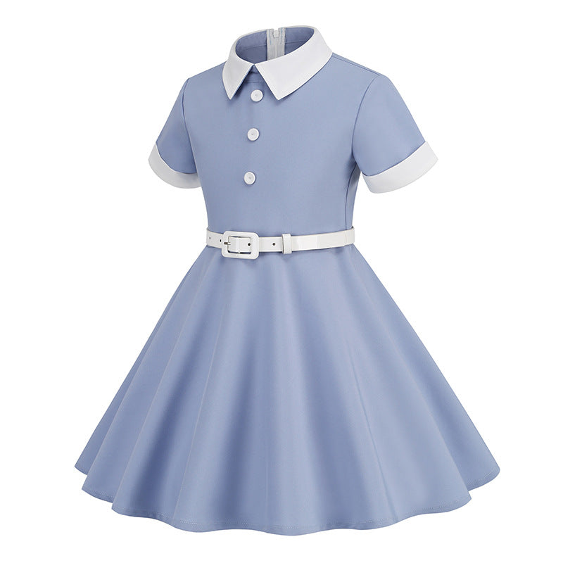 Vintage Short Sleeves Kids Dresses with Belt