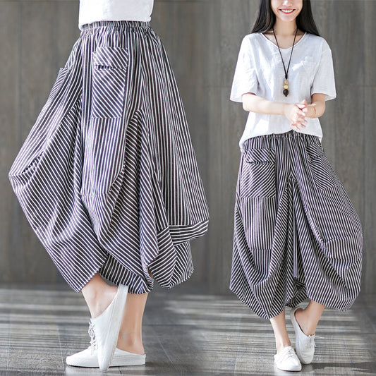 Summer Striped Elastic Waist Lantern Pants