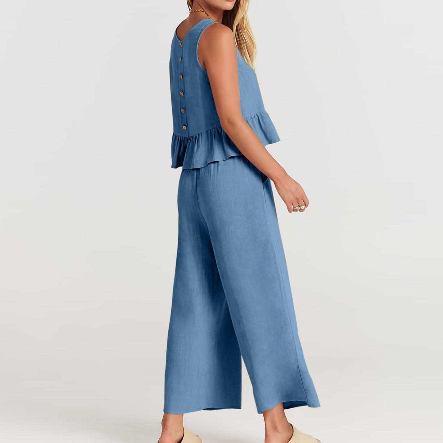 Summer Sleeveless Linen Two Pieces Women Suits