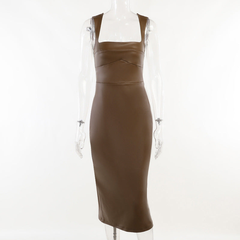 Sexy PU Leather Long Sleeveless Dresses