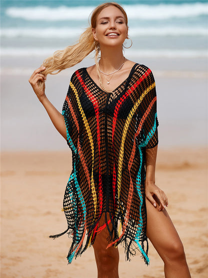 Colorful Knitting Crochet Tassels Swimwear Cover Ups for Women