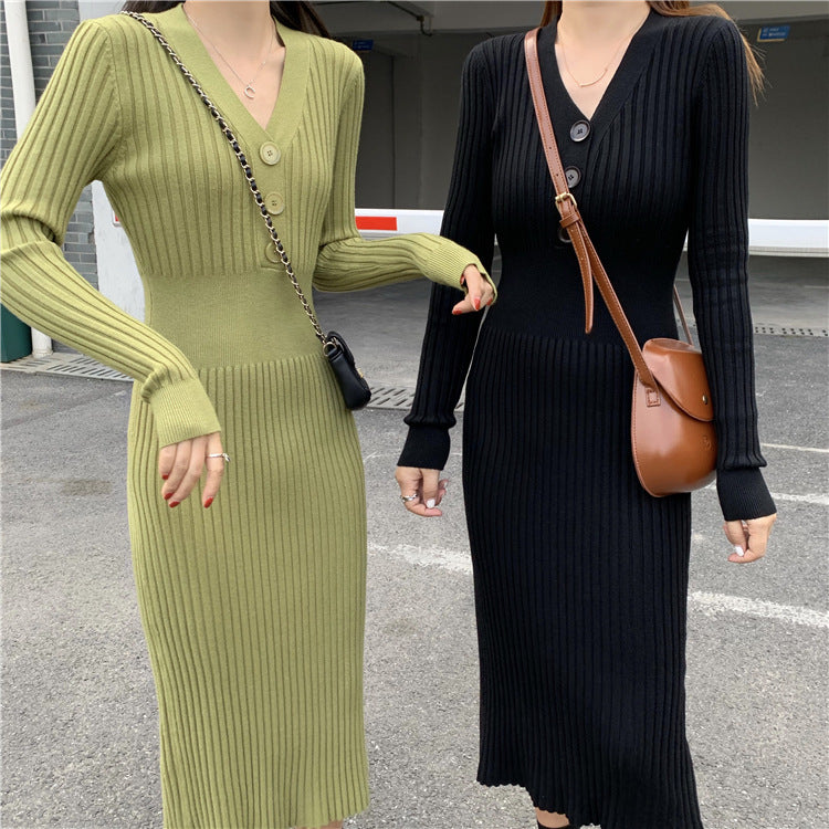 Sexy V Neck Knitted Bodycon Long Dresses