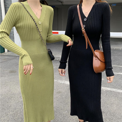 Sexy V Neck Knitted Bodycon Long Dresses