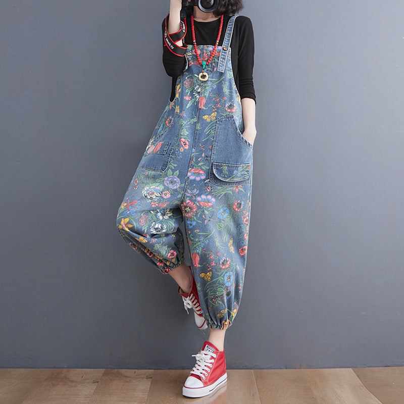 Casual Floral Print Women Denim Suspender Pants
