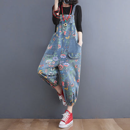 Casual Floral Print Women Denim Suspender Pants