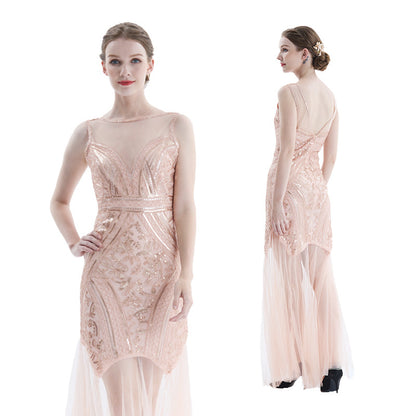 1920s Vintage Sequined Tulle Evening Party Long Dresses