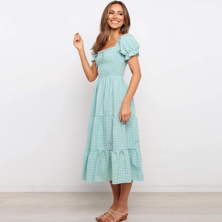 Sweet High Waist Light Green Plaid Long Dresses-STYLEGOING