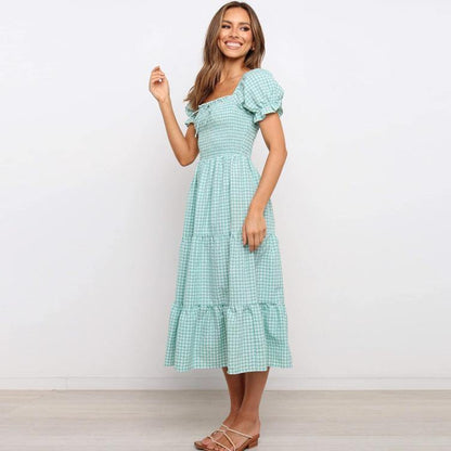 Sweet High Waist Light Green Plaid Long Dresses-STYLEGOING