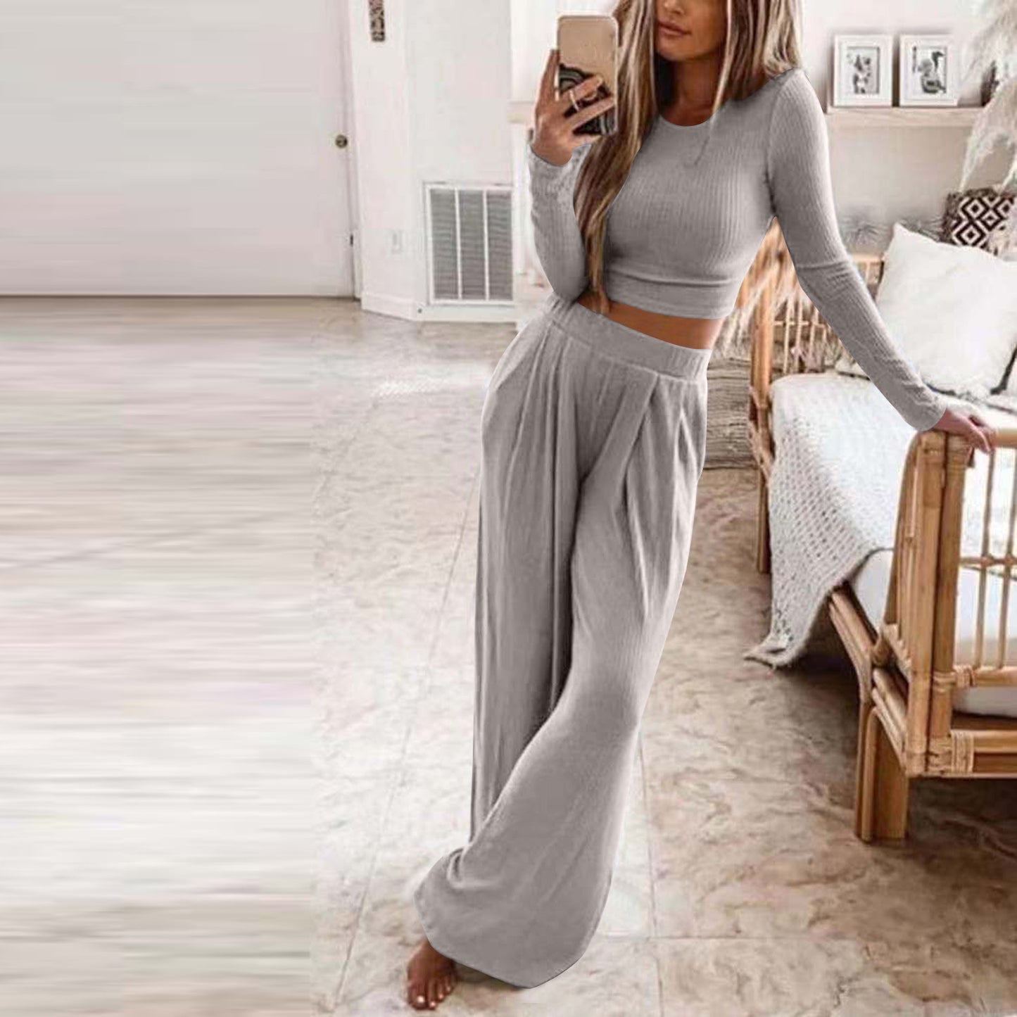 Casual Women Knitting Short Tops and Pants Sets