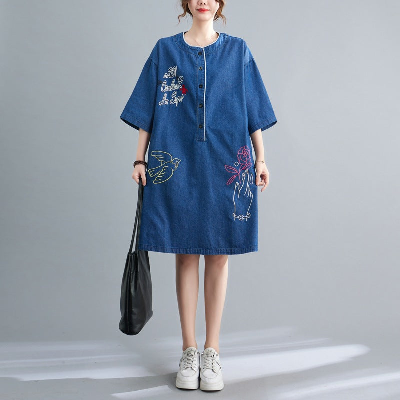 Ethnic Embroidery Plus Sizes Denim Midi Dresses