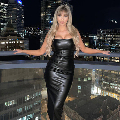 Sexy PU Leather Long Sleeveless Dresses