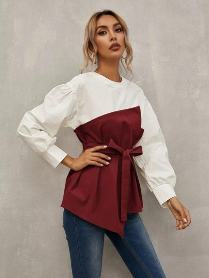 Long Puff Sleeves Belt Loose Shirts-STYLEGOING