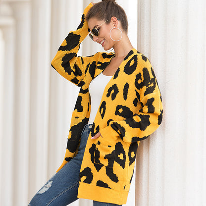 Women Leopard Design Pockets Knitting Cardigans