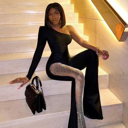 Sexy One Shoulder Tulle Diamond Jumpsuits for Women--Free Shipping at meselling99