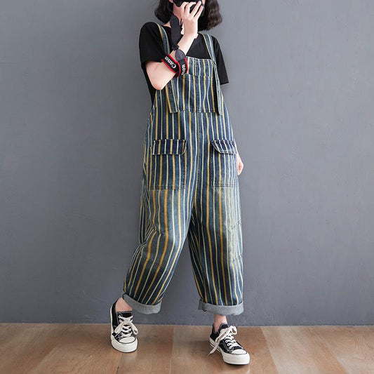 Plus Sizes Striped Pocket Demin Jumpsuits-STYLEGOING