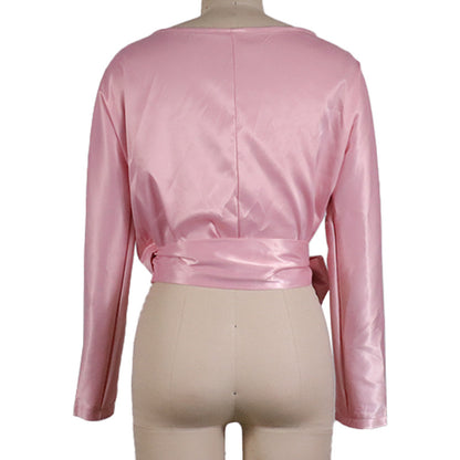 Sexy V Neck Satin Long Sleeves Tops for Women