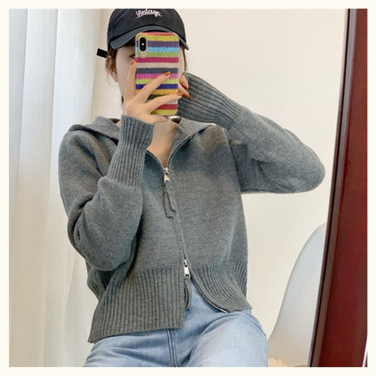 Casual Double Zipper Knitting Hoodies Sweaters