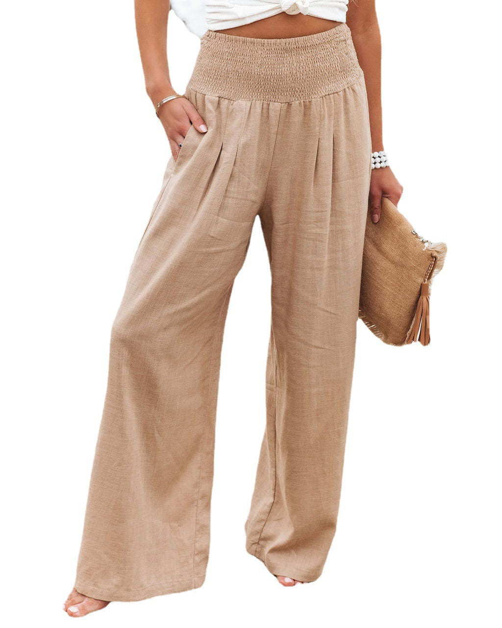 Casual Elastic Waist Linen Wide Legs Pants