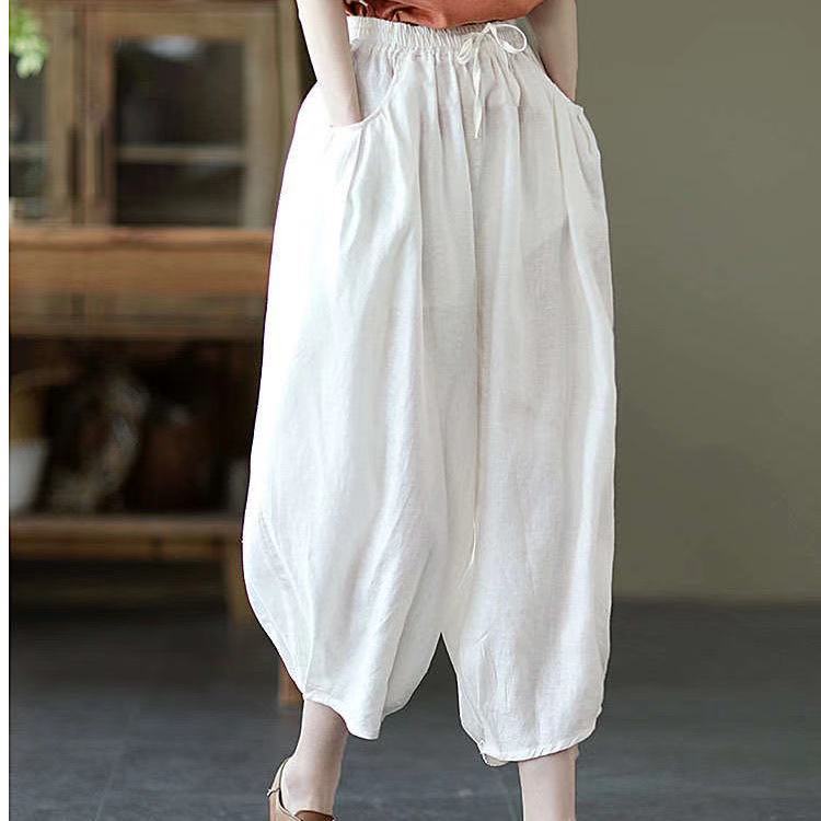 Vintage Elastic Waist Linen Summer Trousers for Women