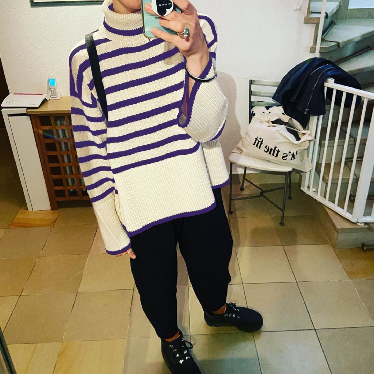 Women High Neck Knitting Striped Sweaters