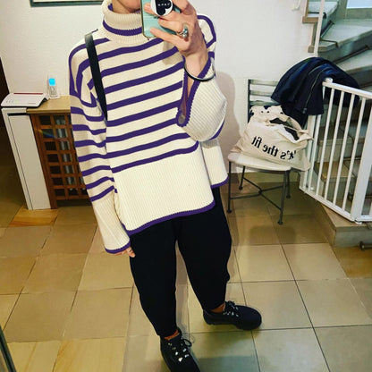 Women High Neck Knitting Striped Sweaters