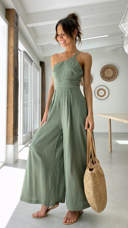 Sexy One Shoulder Linen Jumpsuits for Women
