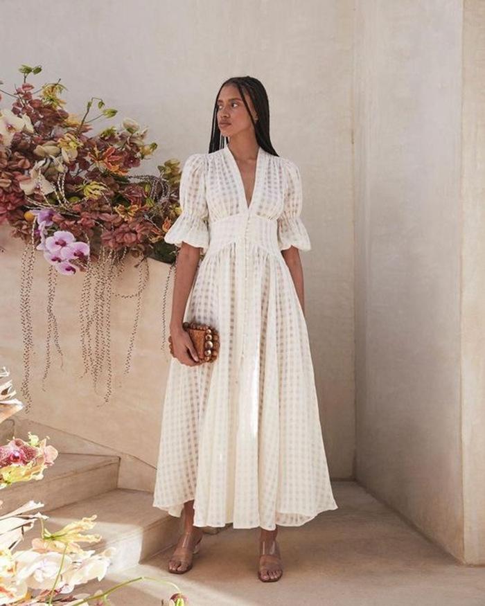 White Classy High Waist Plaid Long Dresses-STYLEGOING