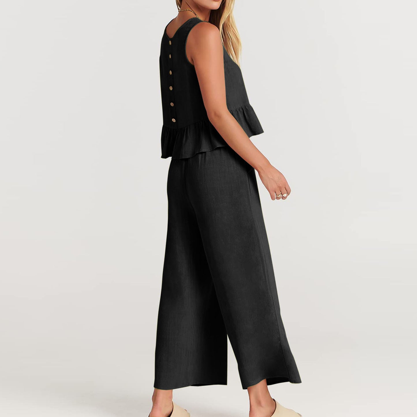 Summer Sleeveless Linen Two Pieces Women Suits