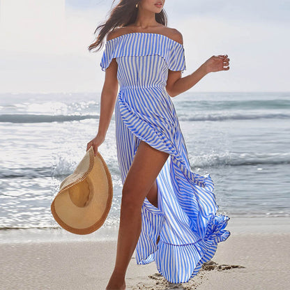 Off The Shoudler Striped Irregular Long Dresses-STYLEGOING