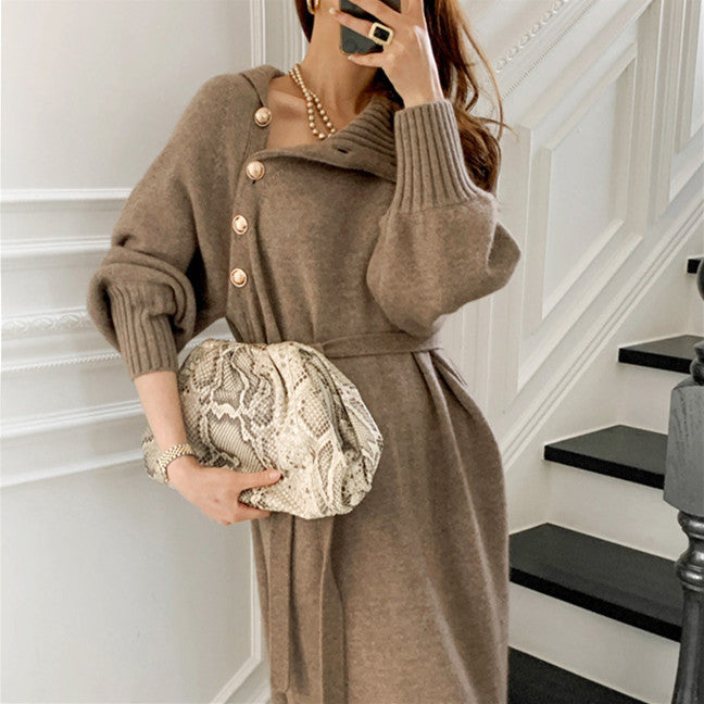 Loose Turtleneck Lace Up Knitted Winter Long Dresses