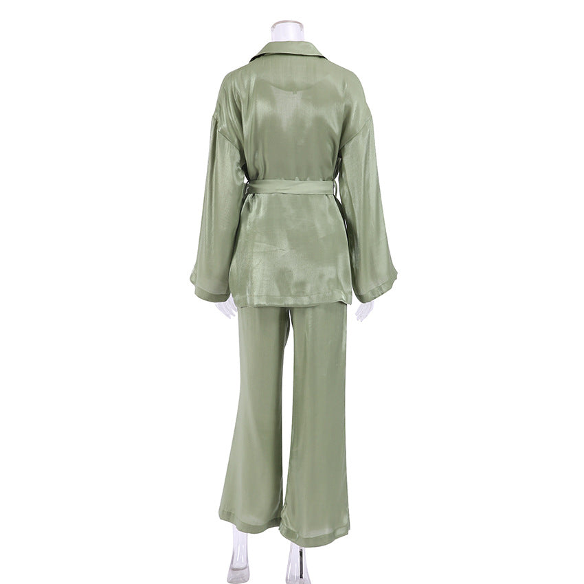 Casual Satin Women Long Sleeves Shirts and Wide Leg Pants