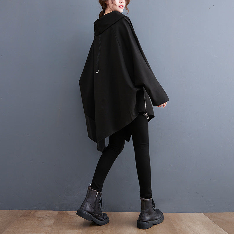 Black Pullover Long Sleeves Irregular Hoodies for Women