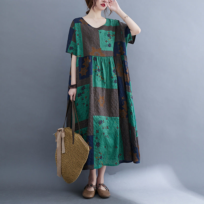 Vintage Summer Linen Short Sleeves Long Cozy Dresses