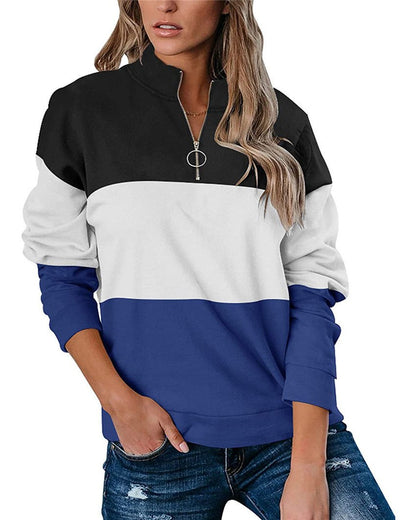 Women Casual Contrast 3 Colors Zipper Neck Fall Hoodies