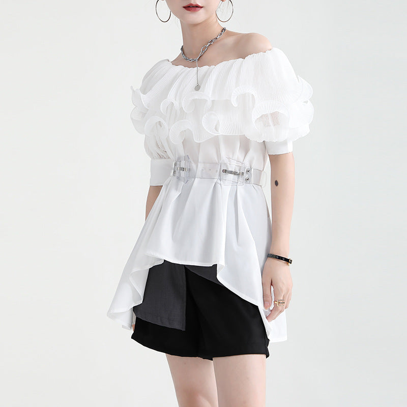 Summer Off The Shoulder Chiffon Ruffled Shirts with Belt for Girls
